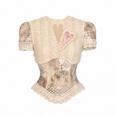 Blood Supply Cupid's Casket of Poems Round Neck Heart Short Lace Top(Full Payment Without Shipping)